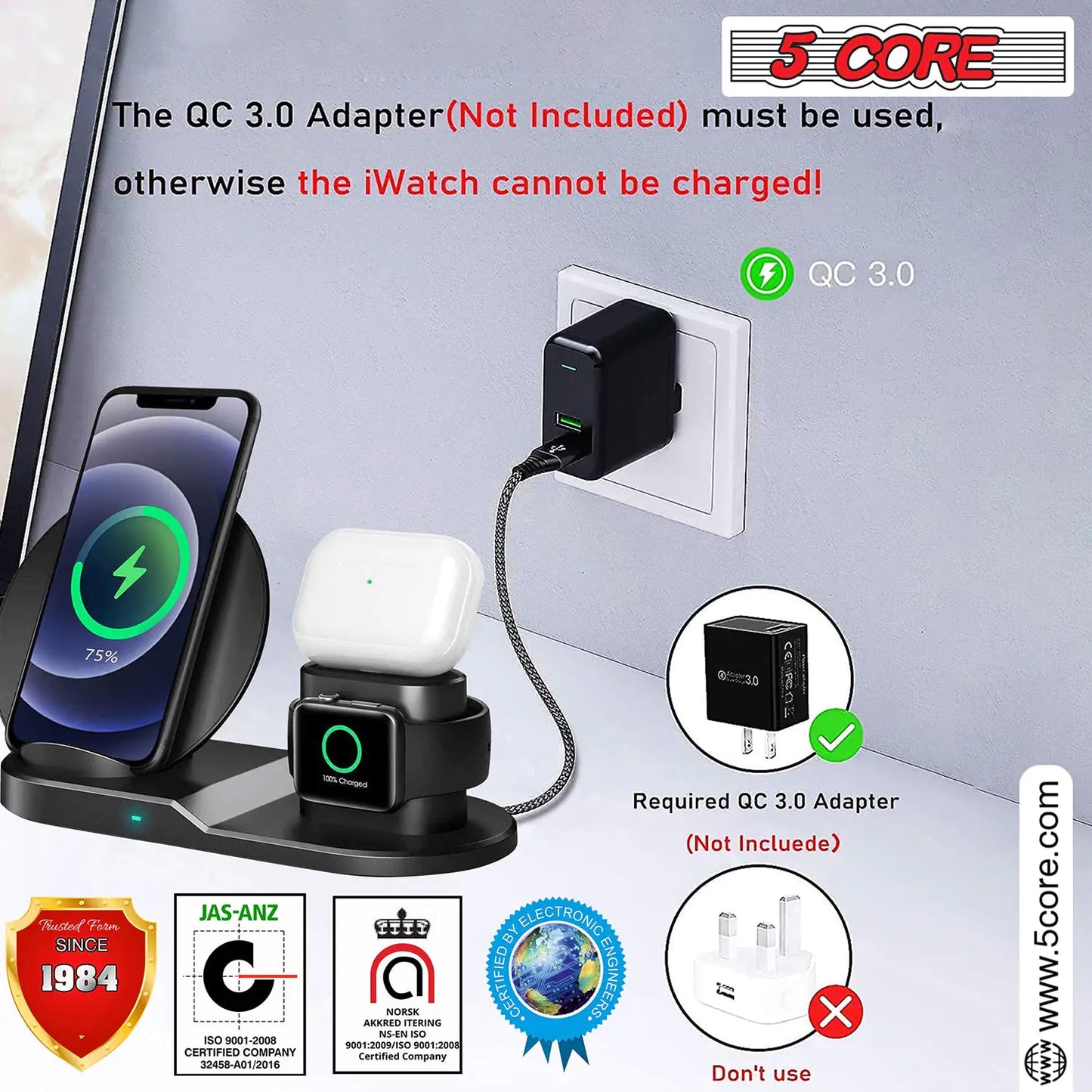 5 Core Wireless Charging Station  10W 3 in 1 Fast Phone Watch Earpod Wireless Charging Stand