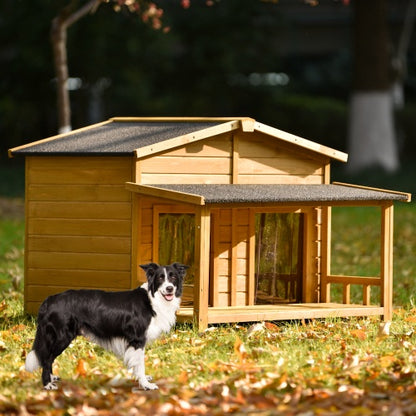 Large Wooden Dog House Outdoor Hut Style With Porch, 2 Doors