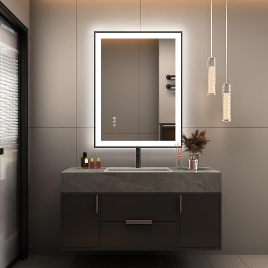 LED Bathroom Mirror 28 x 20 Inches with Front and Backlit,Anti-Fog,3 Colors and Dimmable Light,Tempered Glass by Dropsure