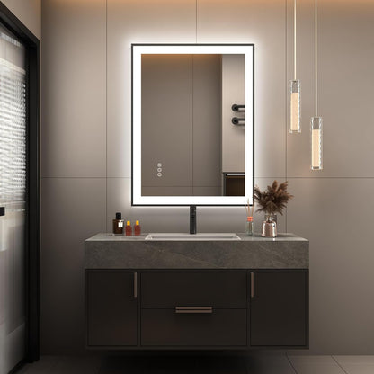 LED Bathroom Mirror 28 x 20 Inches with Front and Backlit,Anti-Fog,3 Colors and Dimmable Light,Tempered Glass by Dropsure