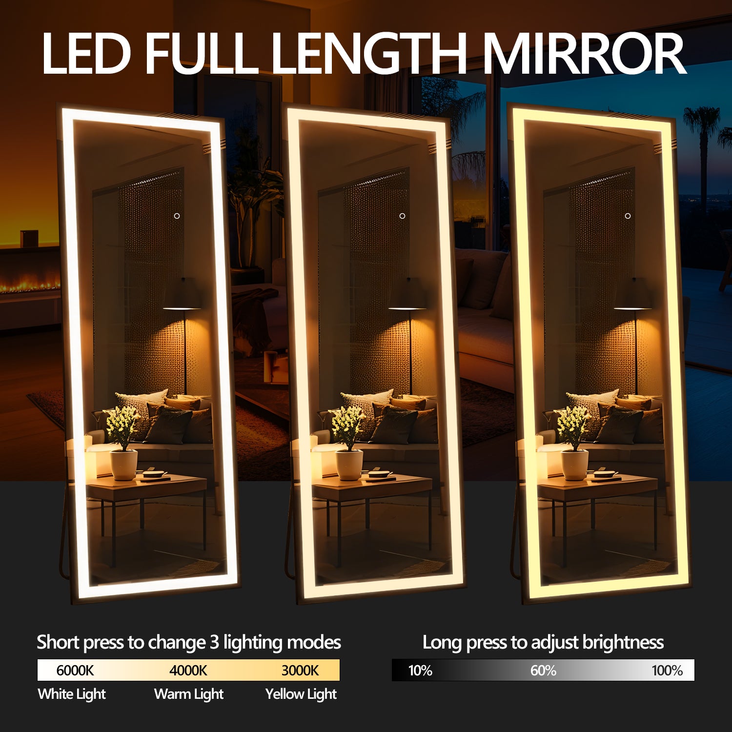 60x16 Inch Full Length Mirror with Lights, Full Body Dressing Standing, Hanging Mounted Mirror for Living Room Bedroom Cloakroom, Square Black by Dropsure