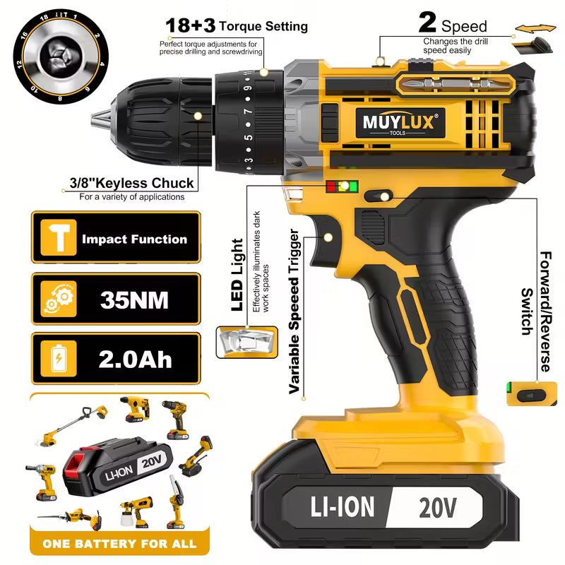 20V 2-Variable Speed Cordless Drill Set, Impact Power Drill With 3/8 Inch Keyless Chuck, 18+3 Clutch Electric Drill, Max Torque 45Nm, Work Light, 2.0AH Batteries And Fast Charger