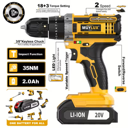 20V 2-Variable Speed Cordless Drill Set, Impact Power Drill With 3/8 Inch Keyless Chuck, 18+3 Clutch Electric Drill, Max Torque 45Nm, Work Light, 2.0AH Batteries And Fast Charger