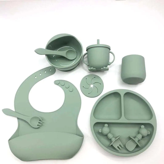Baby Dinnerware Set Toddler Plates & Bowls | Baby Feeding Essentials Including Bib Plate Bowl Cups & Utensils | Food-Safe Silicone Material & Dishwasher Safe (Military Green)