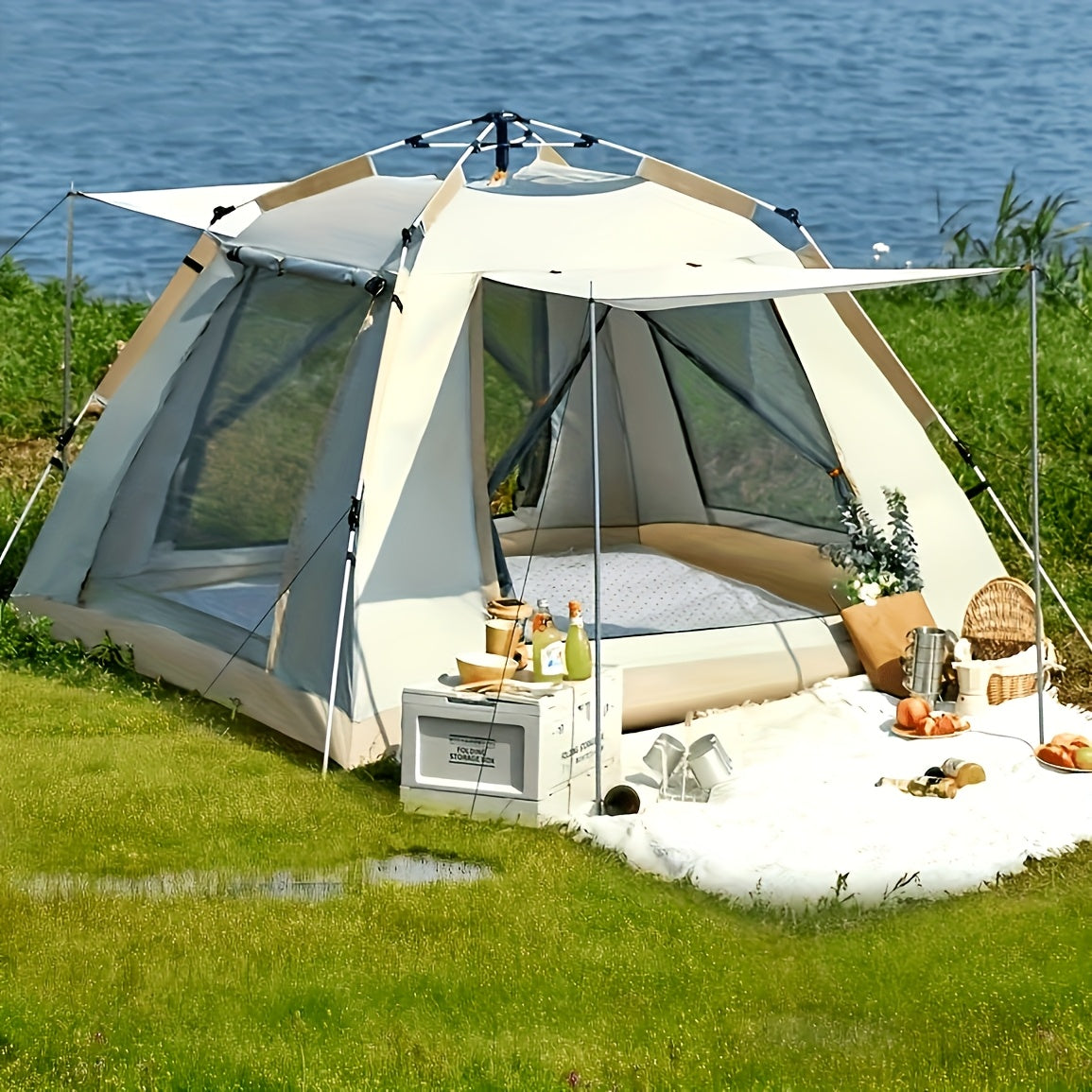 3-4 Person Family Camping Tent with Canopy - Quick Setup, Windproof, All-Season Design with Mosquito Netting & UV Protection, Durable Oxford Fabric, Beige Multi-Band Sunshade, Ideal for Outdoor Advent by Dropsure