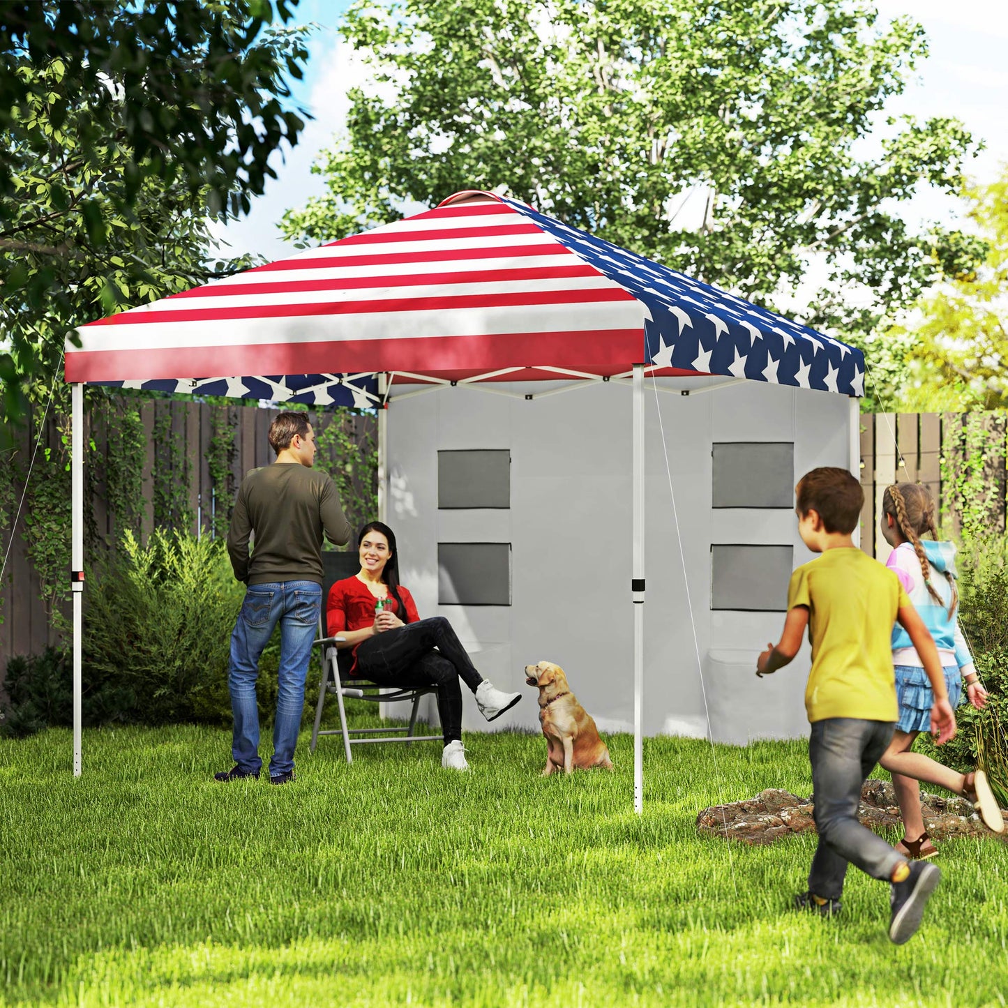 10x 10 ft party tent w/ Sidewall with Height Adjustable Instant Sun Shelter w/ Storage Pockets, American Flag Print by Dropsure