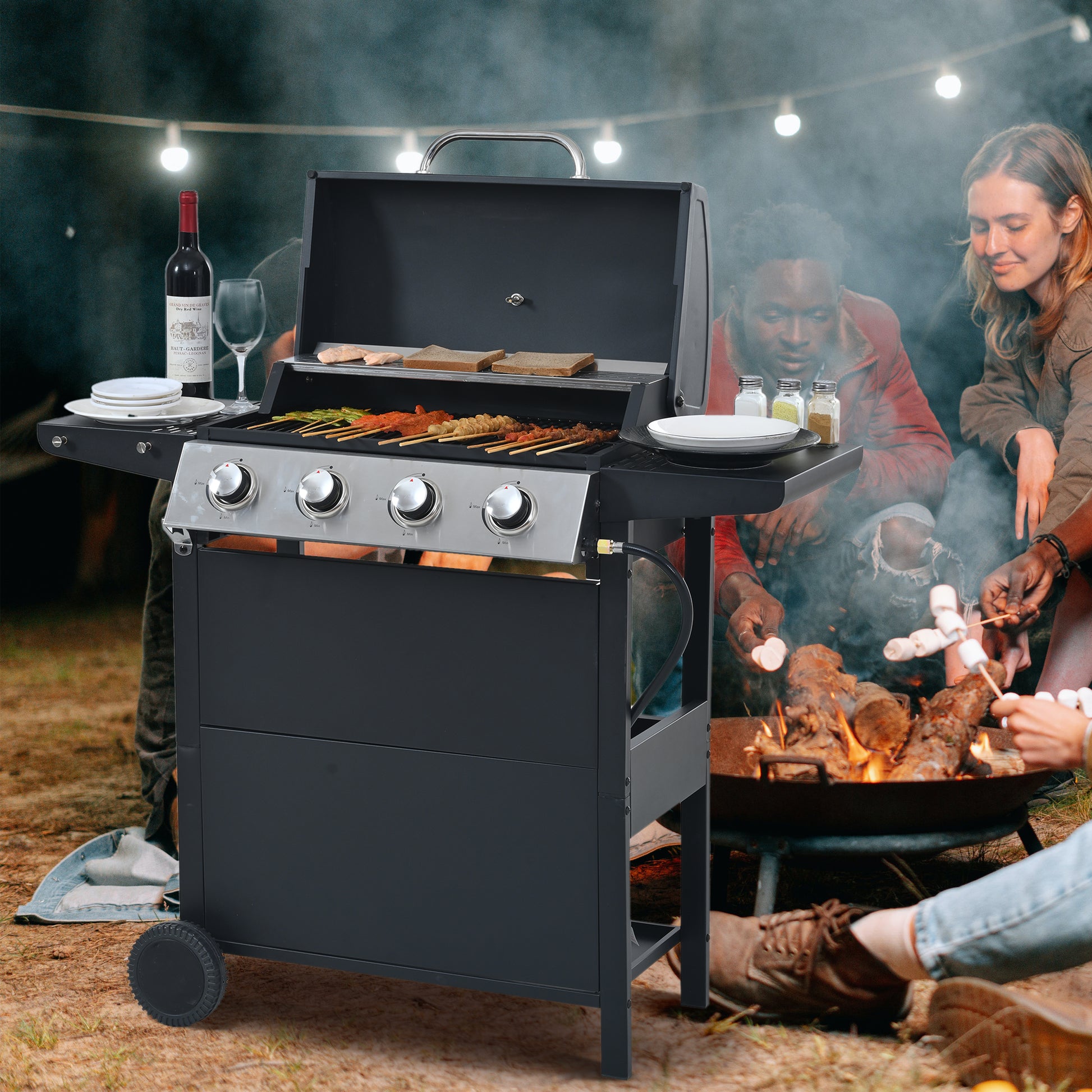 Propane Gas Grill 4 Burner Barbecue Grill, Stainless Steel 34,000 BTU Patio Garden Barbecue Grill with Two Shelves, Lid, Wheels and Bottle Opener by Dropsure