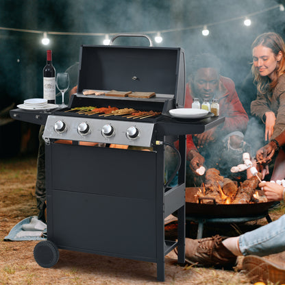 Propane Gas Grill 4 Burner Barbecue Grill, Stainless Steel 34,000 BTU Patio Garden Barbecue Grill with Two Shelves, Lid, Wheels and Bottle Opener by Dropsure