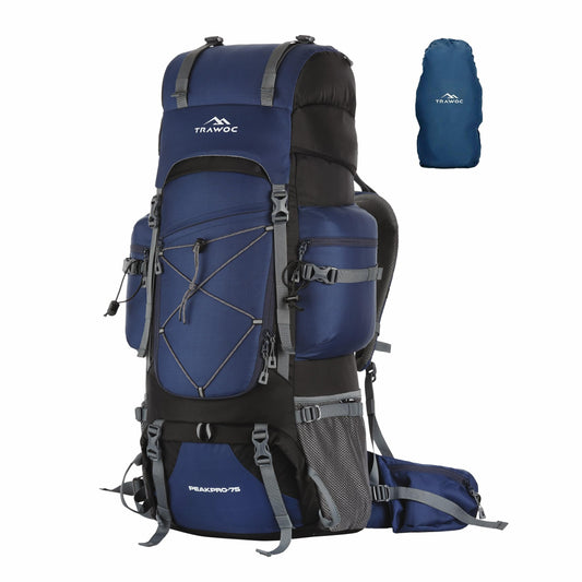 TRAWOC PEAKPRO 75L Travel Backpack - Hiking Trekking Camping Laptop Compartment Rain Cover & Shoe Compartment - Blue by Anti Spier