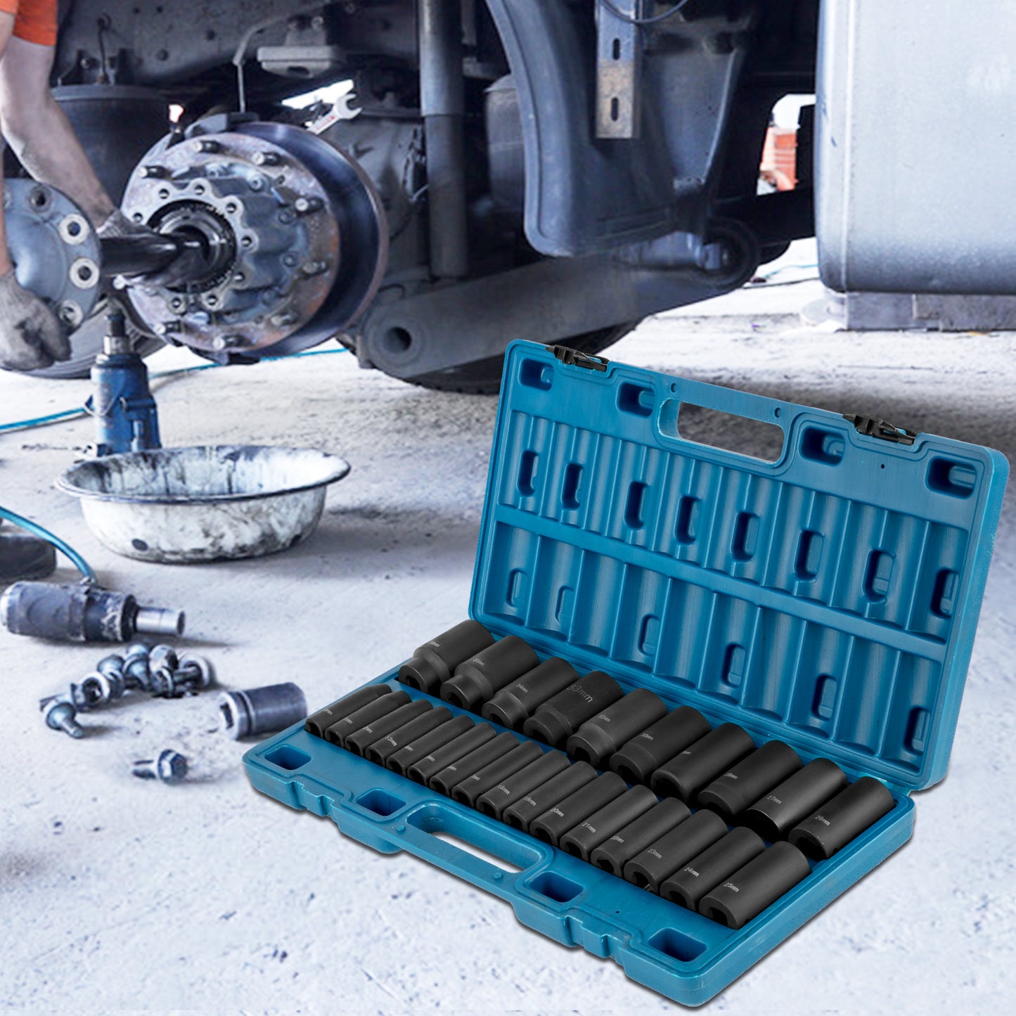 VEVOR Impact Socket Set 26 Piece Impact Sockets, Deep Socket, 6-Point Sockets, Rugged Construction, Cr-V, With A Storage Cage