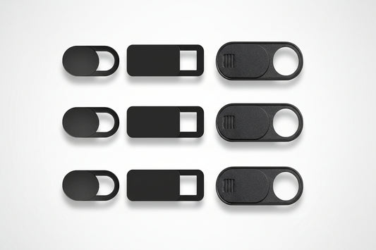 Set of black keychain devices with different shapes on a white background