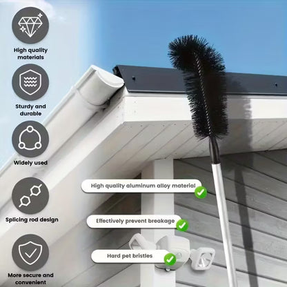 Extendable Gutter Cleaning Brush (89.8") - 7-Section Aluminum Pole, Curved Bristle Head for Roof & Yard Cleaning, Easy Reach Down to Zigzag Cleaning, No Electricity Needed, Garden Tool | Curved Brush | Durable Aluminum, Gutter Cleaning