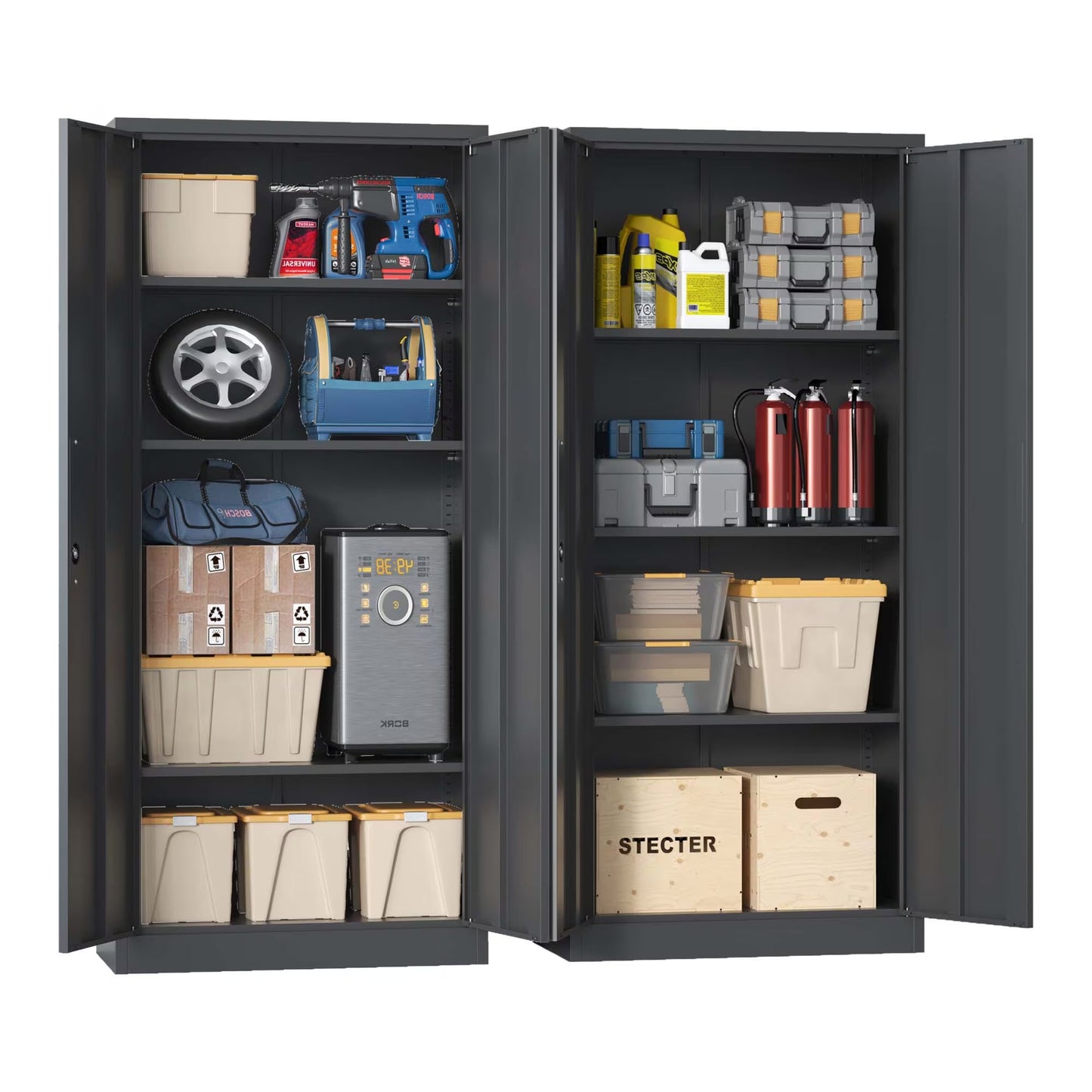 Metal Garage Storage Cabinet, Black Tool Steel Locking Cabinet With Doors And 3 Shelves