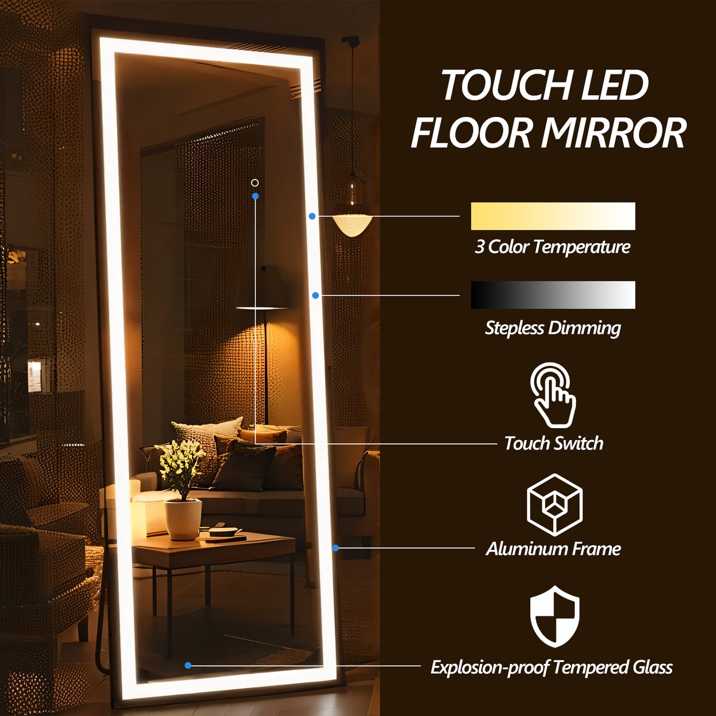 60x16 Inch Full Length Mirror with Lights, Full Body Dressing Standing, Hanging Mounted Mirror for Living Room Bedroom Cloakroom, Square Black by Dropsure