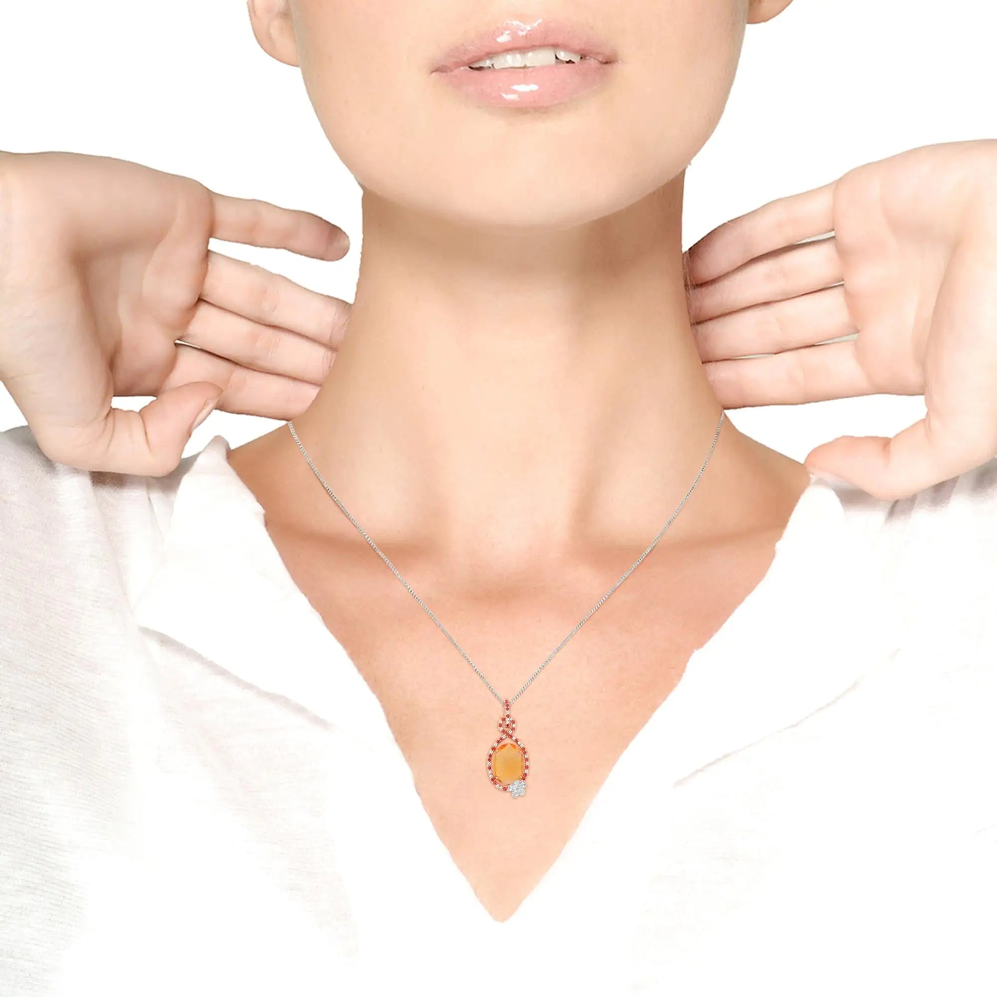 18K Rose Gold 1/5 Cttw Diamond and Oval Yellow Citrine and Round Orange Sapphire Gemstone Openwork Halo Teardrop with Flower Design 18" Pendant Necklace (G-H Color, SI1-SI2 Clarity) - Anti Spier 