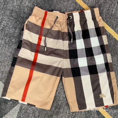 Light luxury quick-drying shorts for men, summer plaid five-inch pants, contrasting color plaid for men, British sand