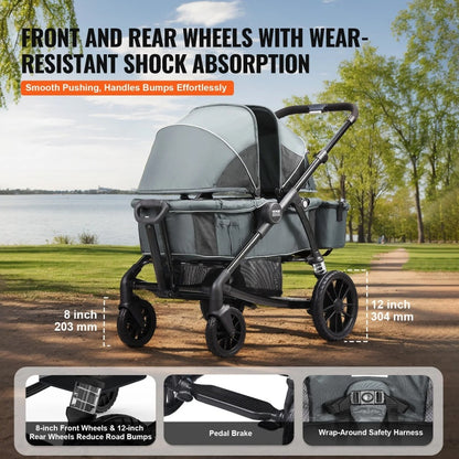 All-Terrain Stroller Wagon, 2 Seats Foldable Expedition 2-in-1 Collapsible Wagon Stroller, Includes Canopy, Parent Organizer, Snack Tray Cup Holders, 55lbs For Single Seat, Dark Grey Black