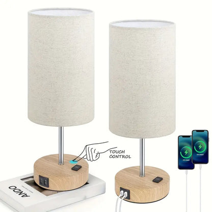 2 Pack Touch Control Table Lamps With USB Ports & AC Outlet, 3 Way Dimmable Bedside Lamps With Fabric Shades, A19 LED Bulbs Included, Perfect For Bedroom, Living Room, Reading