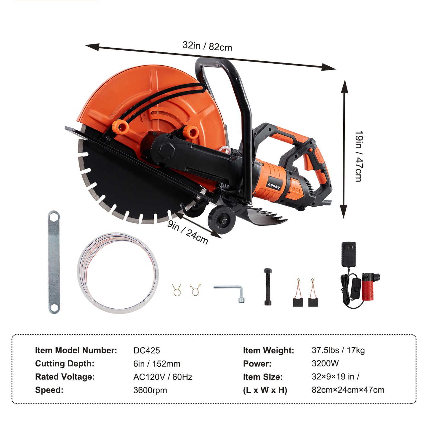 VEVOR Electric Concrete Saw, 16 In, 3200 W 15 A Motor Circular Saw Cutter With Max. 6 In Adjustable Cutting Depth, Wet Disk Saw Cutter Includes Water Line, Pump And Blade, For Stone, Brick