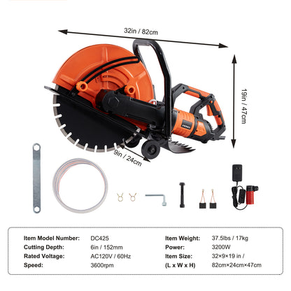 VEVOR Electric Concrete Saw, 16 In, 3200 W 15 A Motor Circular Saw Cutter With Max. 6 In Adjustable Cutting Depth, Wet Disk Saw Cutter Includes Water Line, Pump And Blade, For Stone, Brick