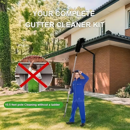 Extendable Gutter Cleaning Brush (89.8") - 7-Section Aluminum Pole, Curved Bristle Head for Roof & Yard Cleaning, Easy Reach Down to Zigzag Cleaning, No Electricity Needed, Garden Tool | Curved Brush | Durable Aluminum, Gutter Cleaning