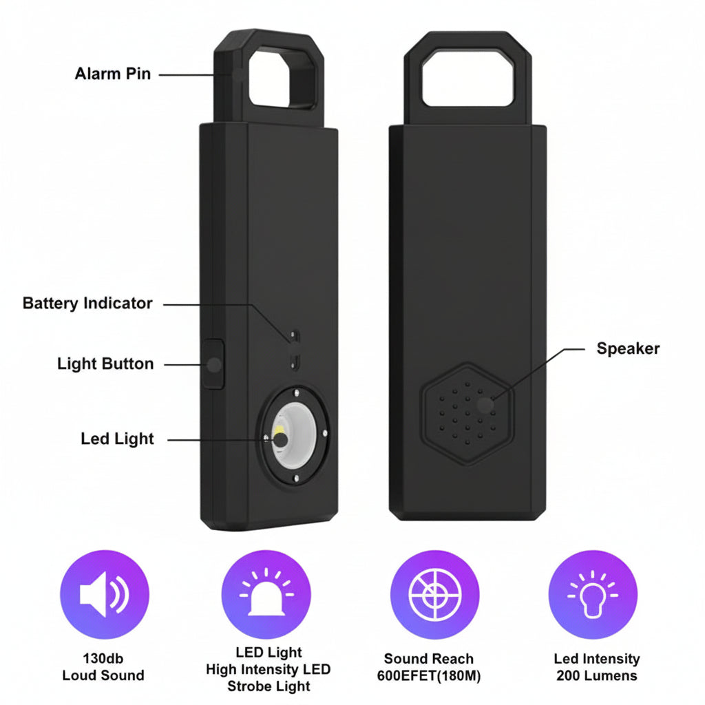 Black electronic device with labeled parts and feature icons on a white background