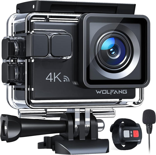 WOLFANG Action Camera 4K 20MP GA100 Waterproof 40M Underwater Camera for Snorkeling EIS Stabilization WiFi 170° Wide Angle Helmet Camera for Vlogging with External Microphone Remote Control