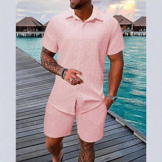 A two-piece set of jacquard black and white solid color short-sleeved men's vacation casual style shirt and shorts