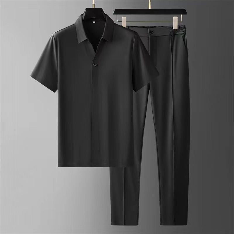 Ultra-thin high-end seamless laminated short-sleeved shirt for men's business and casual two-piece set