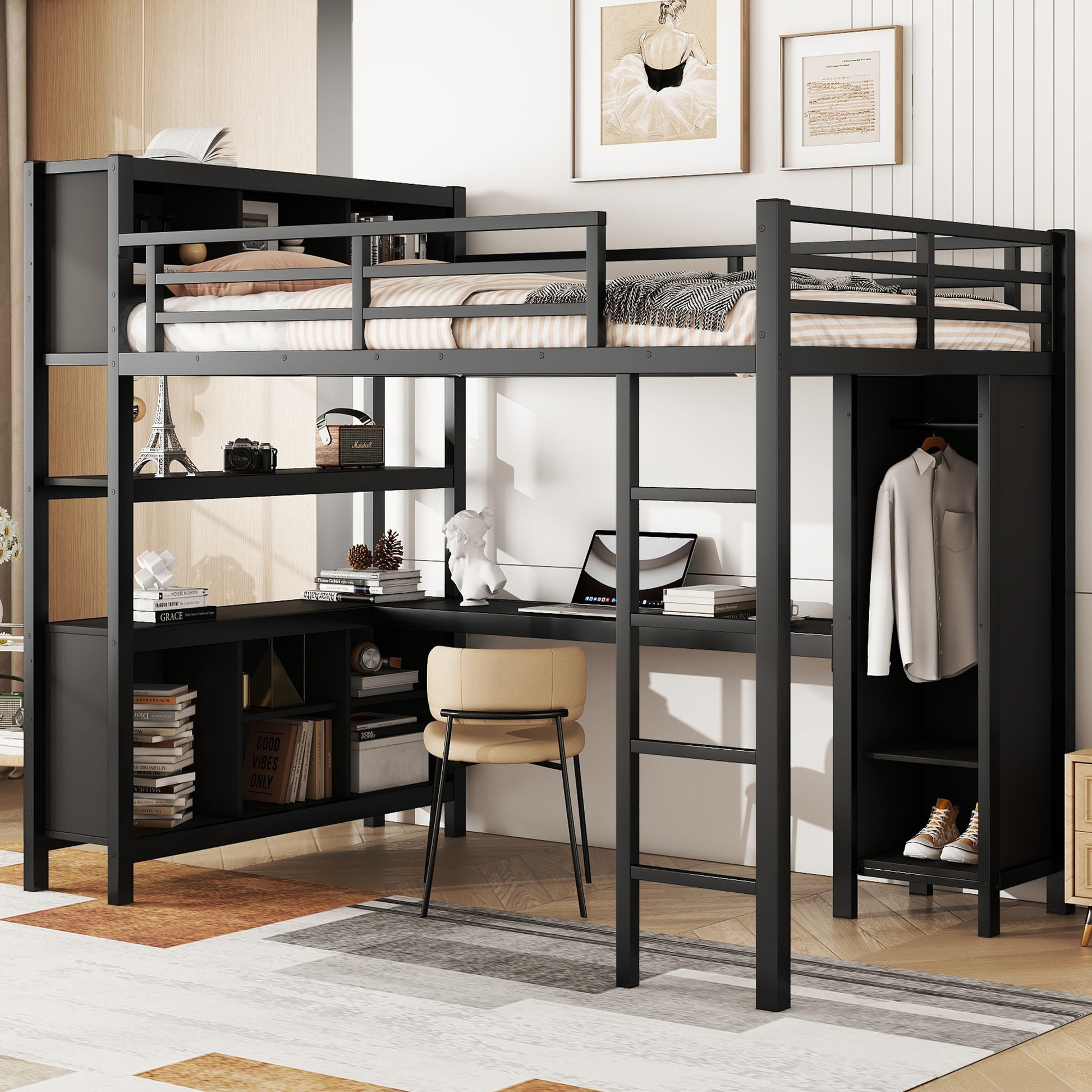 Metal Loft Bed with Wardrobe And L-shaped Desk, Queen Size Loft Bed with Storage Cubes and Shelves, Heavy Duty Loft Bed for Kids Teens Adults, Black by Dropsure