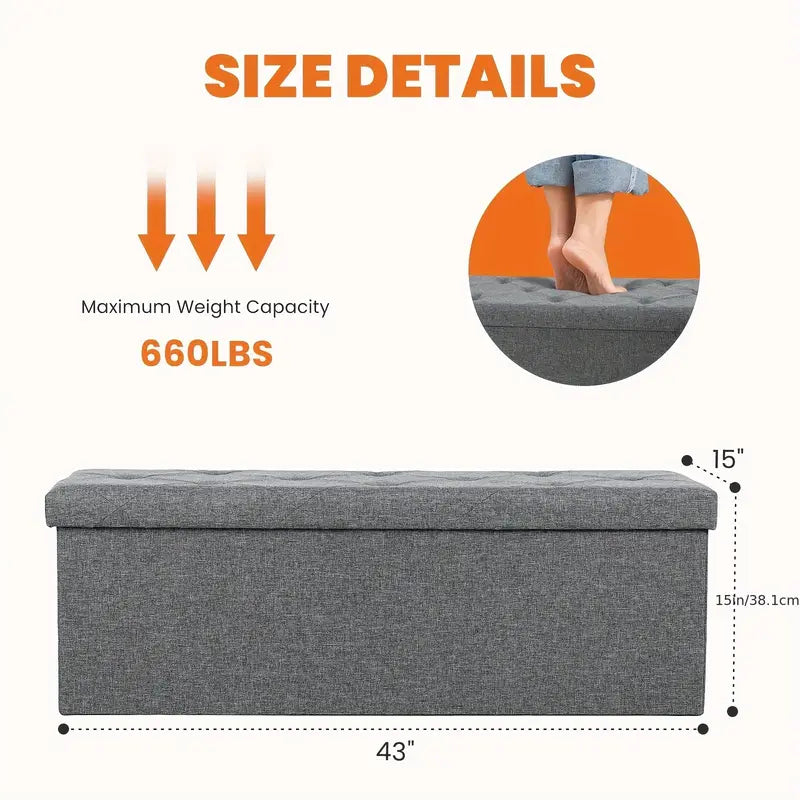 Padded Storage Ottoman Bench with Seating | Folding Ottoman Stool, Storage Chest, End Of Bed Bench for Bedroom, Living Room