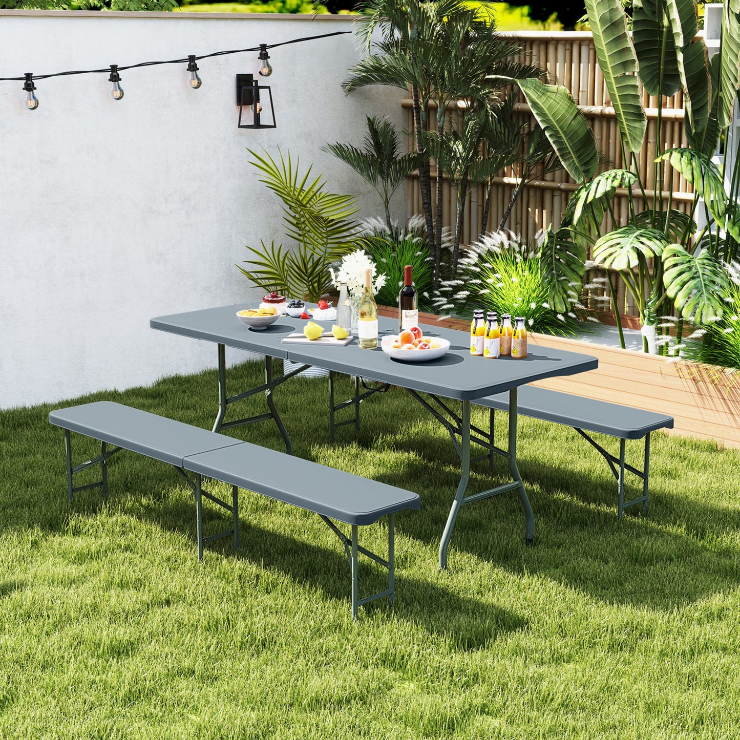 6 Feet Plastic Folding Bench Portable Seat with Handle and Lock-Gray by DirectDeals