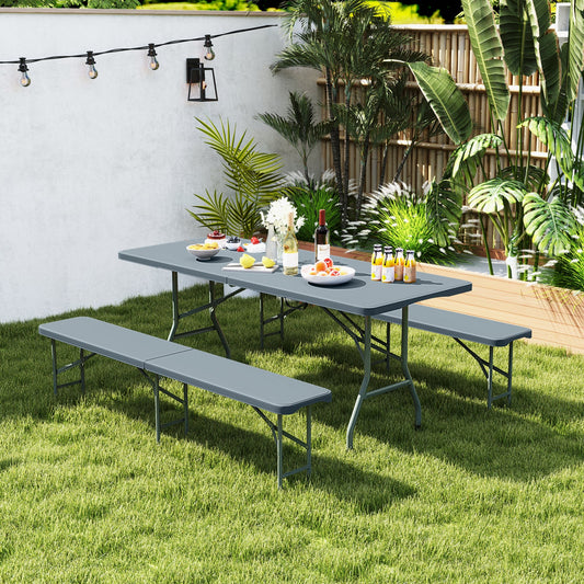 6 Feet Plastic Folding Bench Portable Seat with Handle and Lock-Gray by DirectDeals