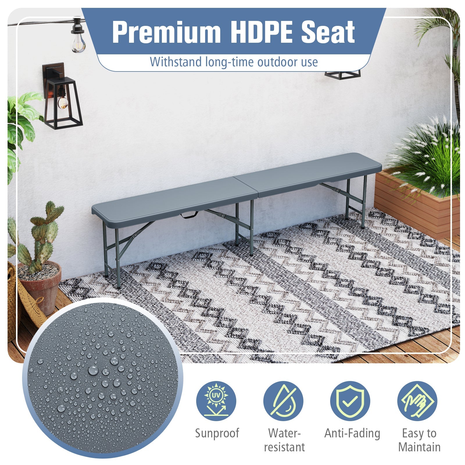 6 Feet Plastic Folding Bench Portable Seat with Handle and Lock-Gray by DirectDeals