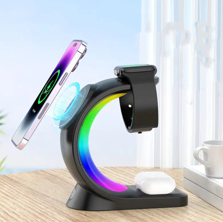 1 Magnetic Wireless Charger Fast ChargingAnti Spier Anti Spier4 In 1 Magnetic Wireless Charger Fast Charging For Smart Phone AtmosphOverview:

Magnetic charging Fast does not hurt the machine
Three in one Make your desktop cleaner
Touch design Convenient and fast
Dream RGB lamp effect Dye yo