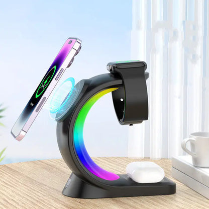 1 Magnetic Wireless Charger Fast ChargingAnti Spier Anti Spier4 In 1 Magnetic Wireless Charger Fast Charging For Smart Phone AtmosphOverview:

Magnetic charging Fast does not hurt the machine
Three in one Make your desktop cleaner
Touch design Convenient and fast
Dream RGB lamp effect Dye yo