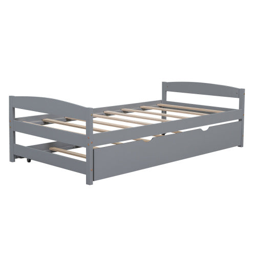 Twin Size Platform Bed With Twin Size Trundle, Gray