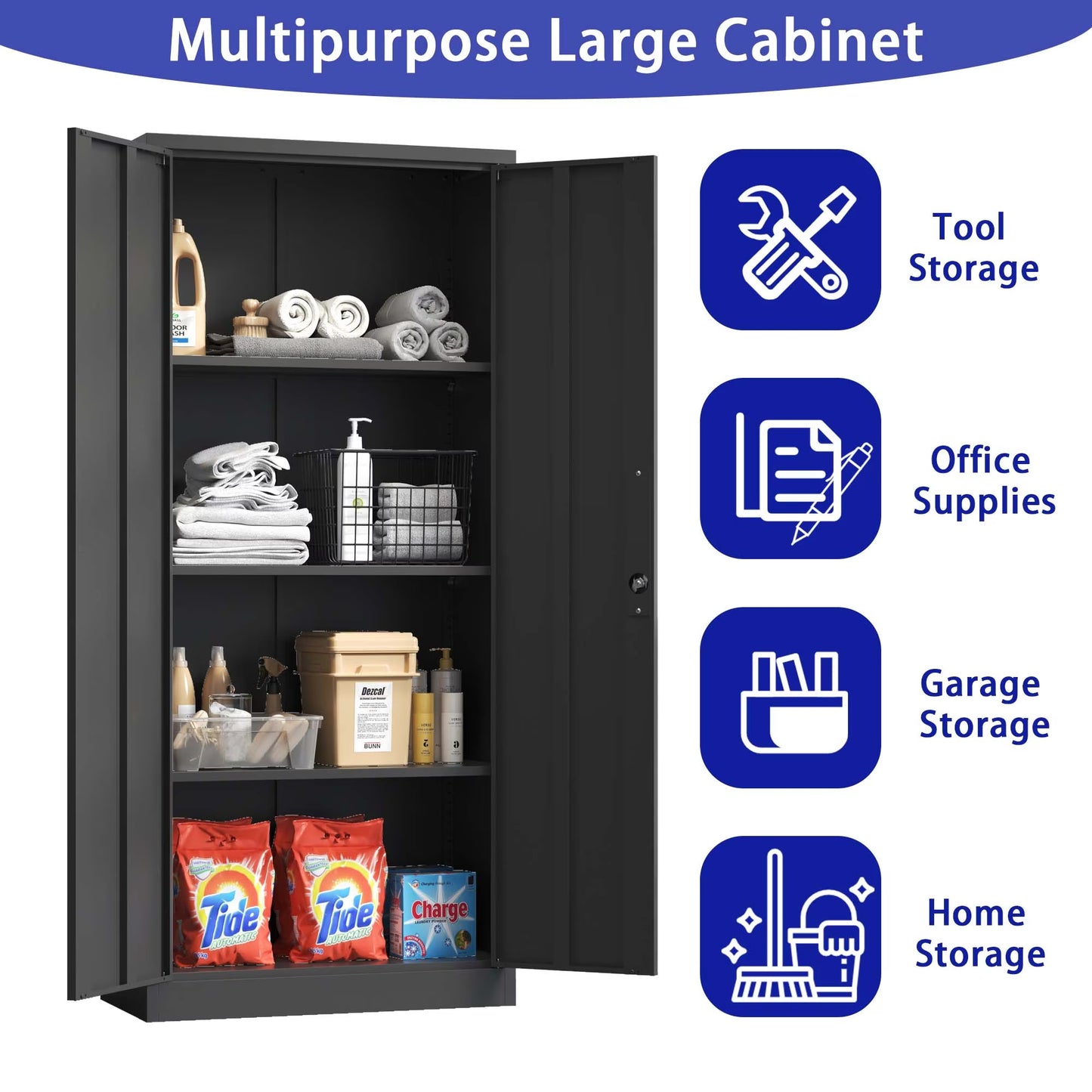 Metal Garage Storage Cabinet, Black Tool Steel Locking Cabinet With Doors And 3 Shelves