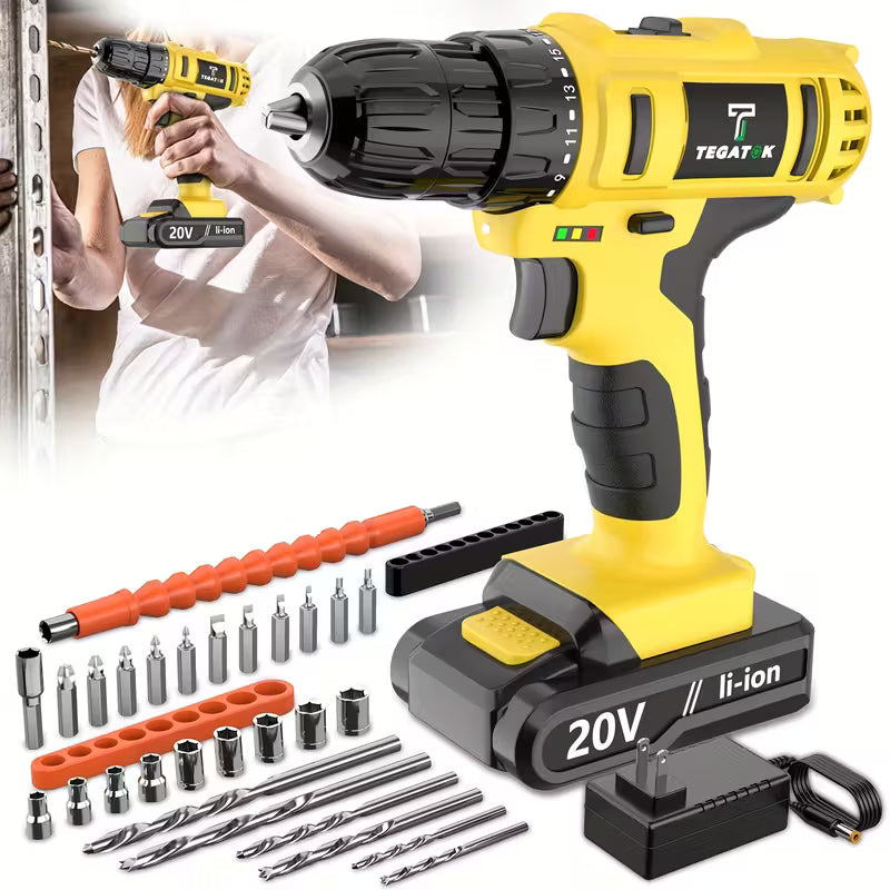 20V 2-Variable Speed Cordless Drill Set, Impact Power Drill With 3/8 Inch Keyless Chuck, 18+3 Clutch Electric Drill, Max Torque 45Nm, Work Light, 2.0AH Batteries And Fast Charger