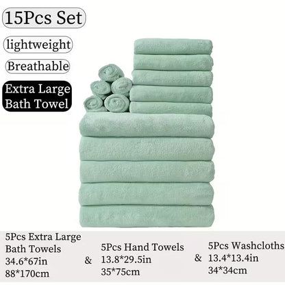 15pcs Bulk Bath & Hand Towel Set - Large 300GSM Microfiber Towels (5 Bath, 5 Hand, 5 Washcloths) - Heavy-Duty, Quick-Dry & Highly Absorbent for, Spa, Hotel - Multi-Color Options