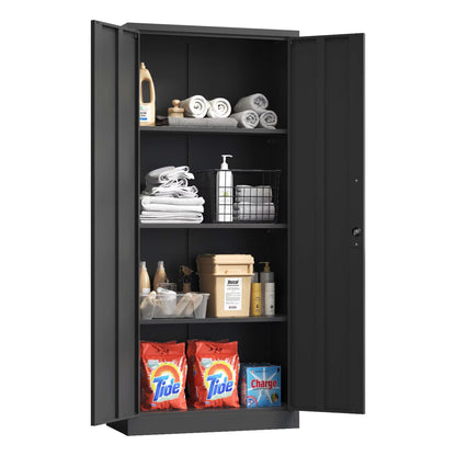 Metal Garage Storage Cabinet, Black Tool Steel Locking Cabinet With Doors And 3 Shelves