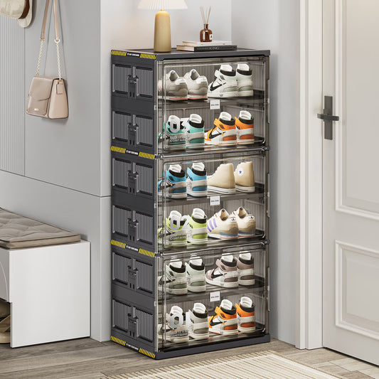 6 Tiers 12 Pairs Hard Plastic Shoe Storage Organizer Cabinet For Entryway, Large Stackable Collapsible Sneaker Shoe Box Organizer For Closet, Portable Folding Shoe Cabinet With Doors, Black