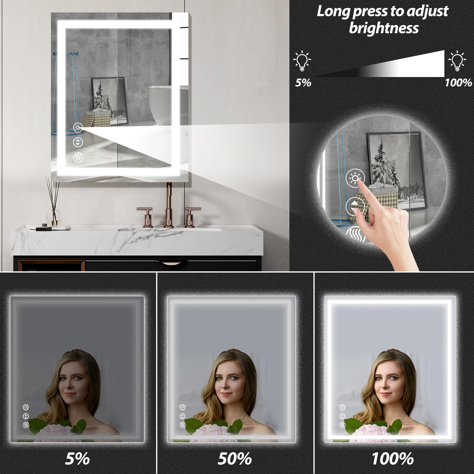 LED Bathroom Mirror 28 x 20 Inches with Front and Backlit,Anti-Fog,3 Colors and Dimmable Light,Tempered Glass by Dropsure