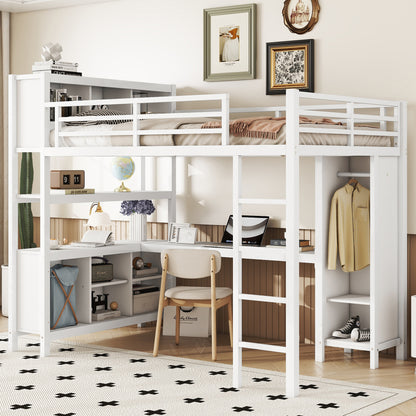 Metal Loft Bed with Wardrobe And L-shaped Desk, Queen Size Loft Bed with Storage Cubes and Shelves, Heavy Duty Loft Bed for Kids Teens Adults, Black by Dropsure
