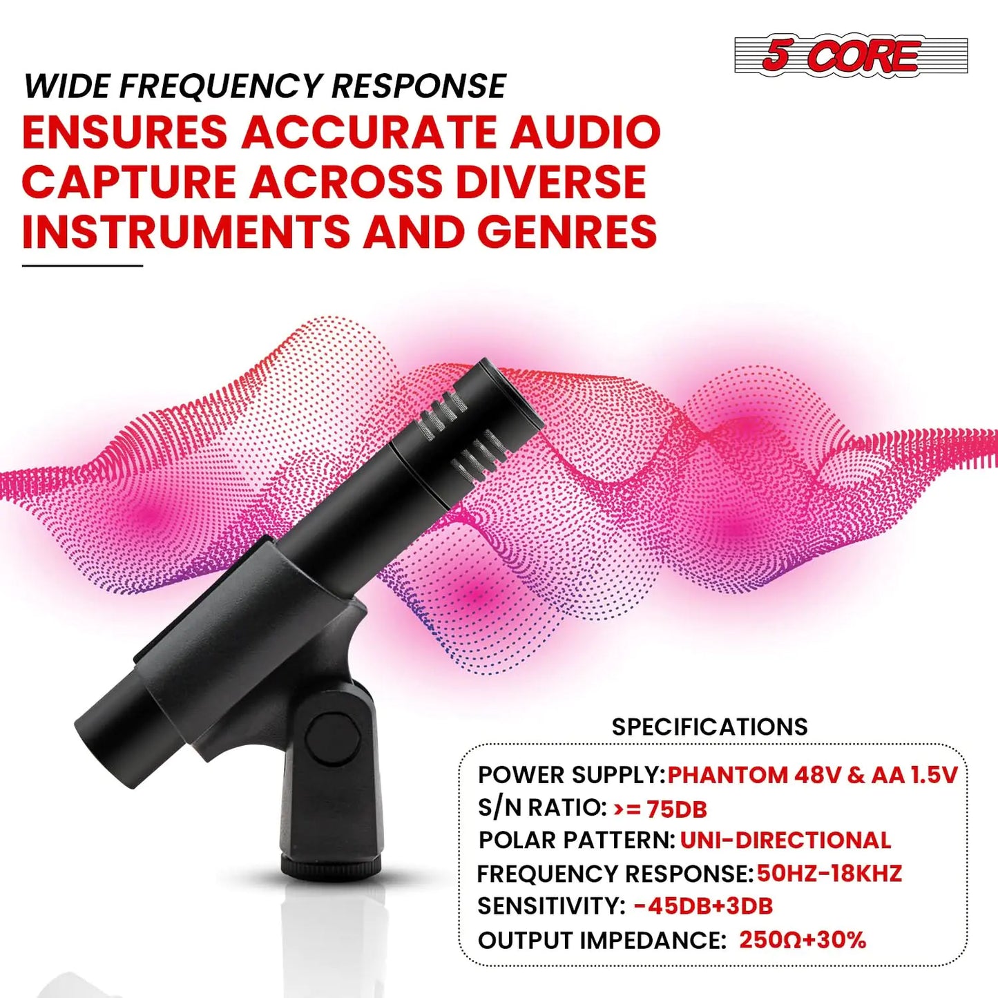 5Core Dynamic Instrument Microphone Professional XLR Cardioid Pencil Stick Condenser Mic