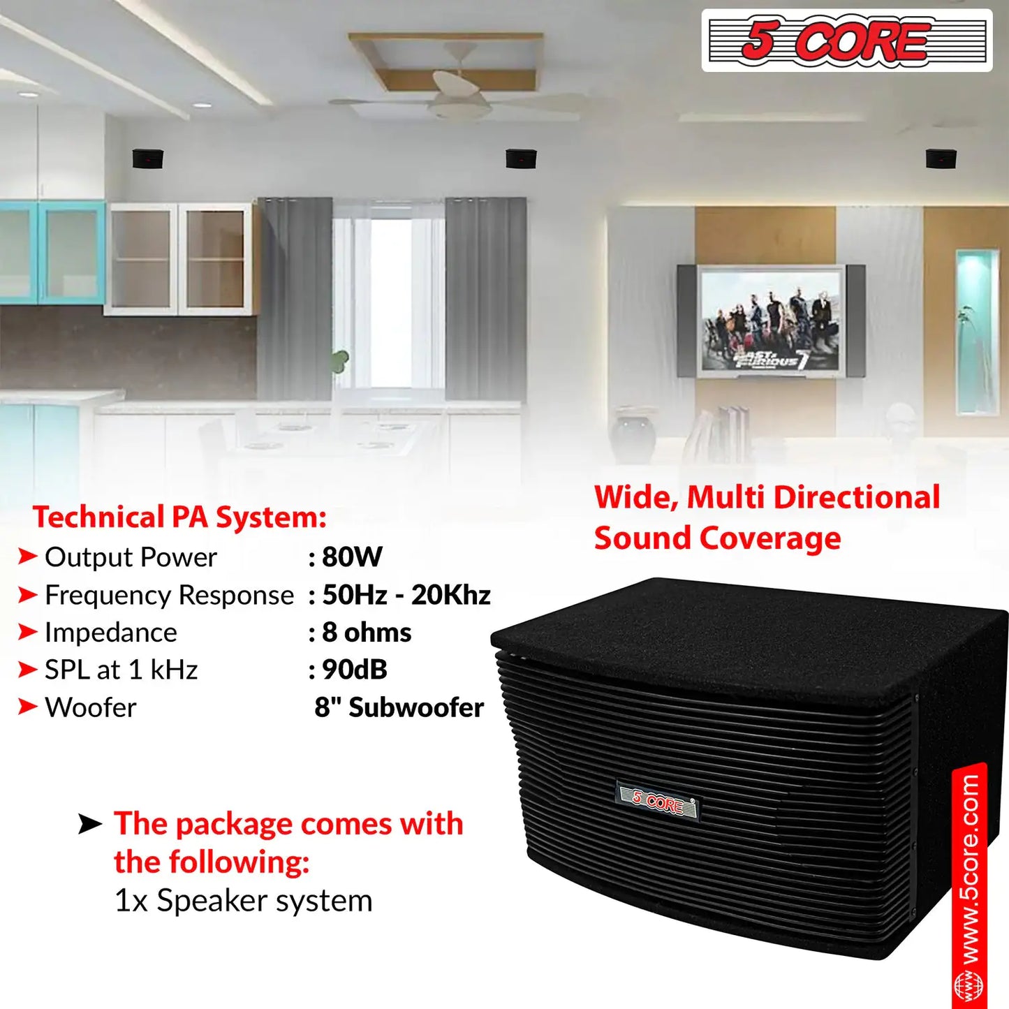 5Core Box Subwoofer for Car 1Pc Black 800W Peak Power 8 Inch Vented Trunk Speaker Woofer 8 Ohm