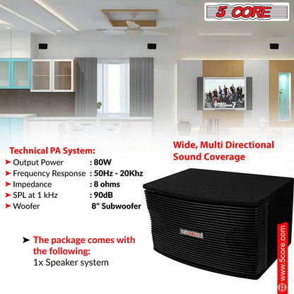 5Core Box Subwoofer for Car 1Pc Black 800W Peak Power 8 Inch Vented Trunk Speaker Woofer 8 Ohm