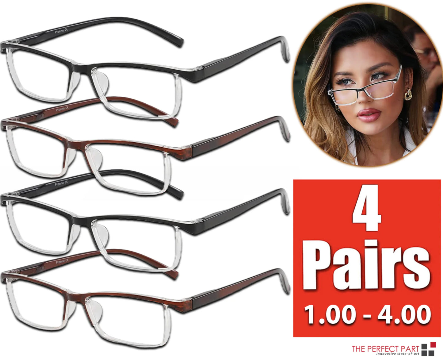 4 Pack Reading Glasses Readers Men Women Square Frame Spring Hinge Unisex Pairs - Anti Spier 