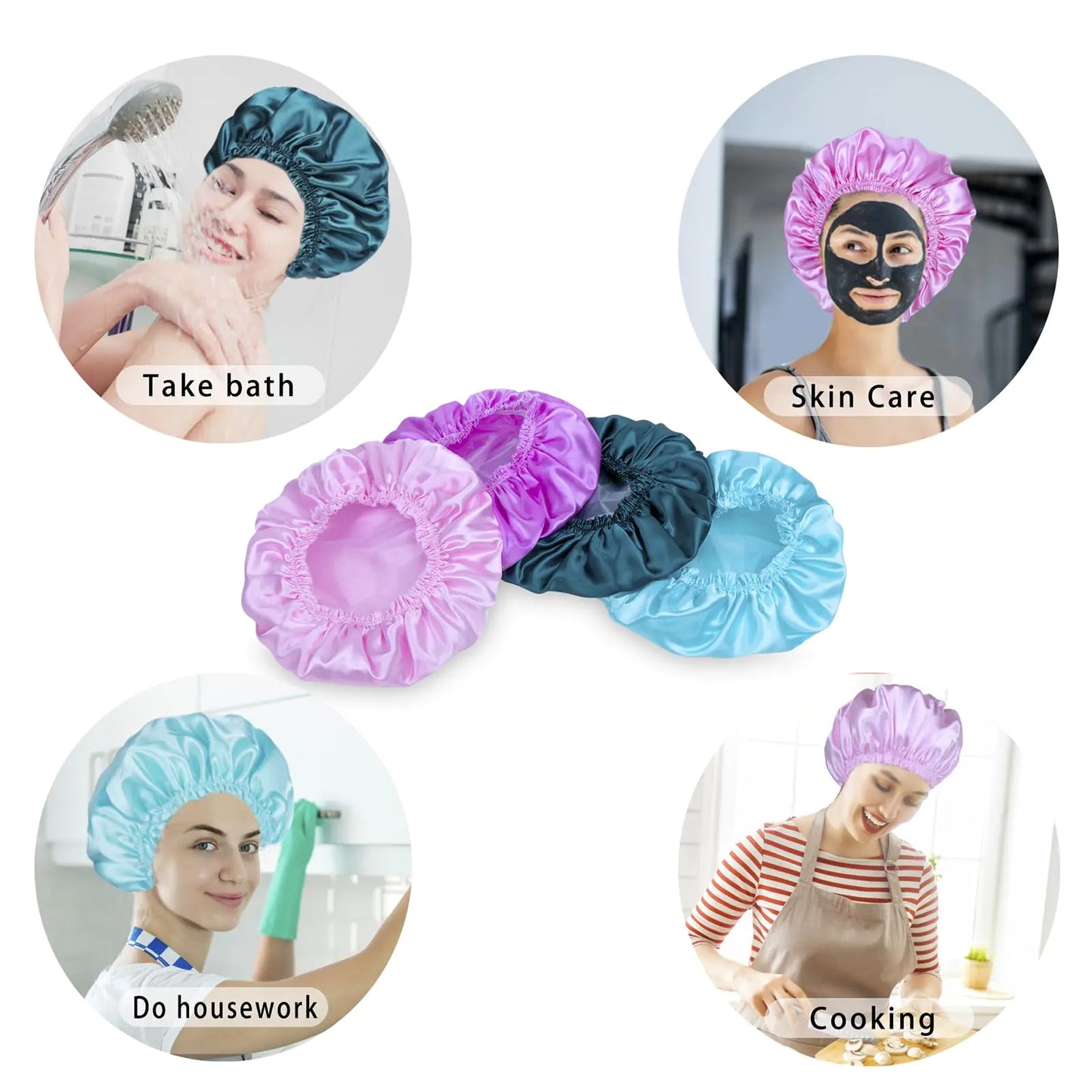 Shower Caps for Women, 4 PCS Elastic and Reusable Bath Caps, Double Waterproof Layers Shower Cap, Bathing Shower Caps, Environmental Protection Hair Bath Hat - Solid Color Solid Color 4 PCS/Set