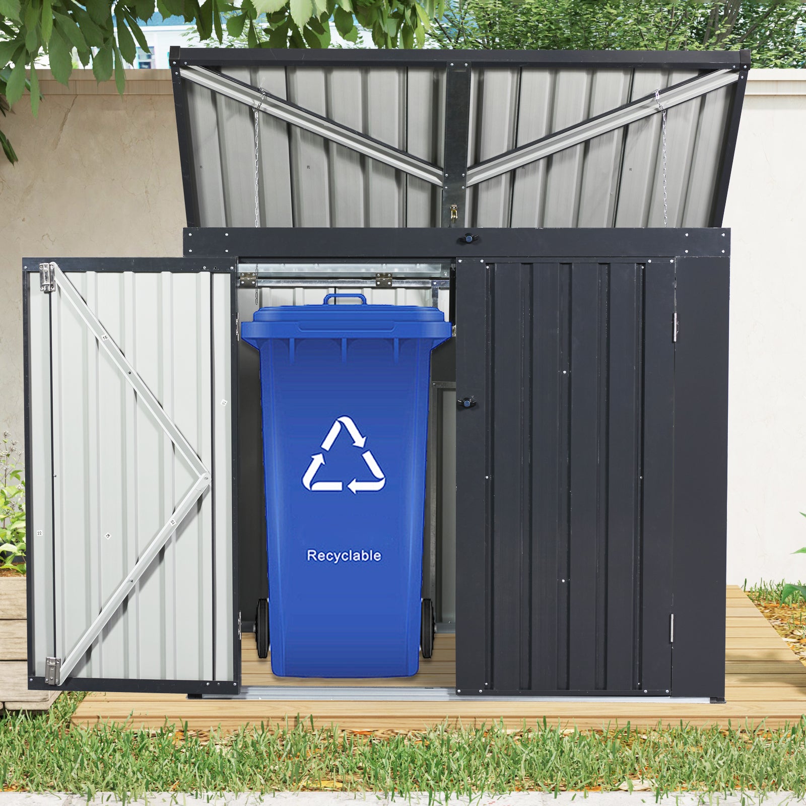 Garbage Bin Shed Stores 2 Trash Cans Metal Outdoor Bin Shed for Garbage Storage,Stainless Galvanized Steel, Bin Shed for Garden Yard Lawn, Black (W540P176424 ) Upgraded version by Dropsure